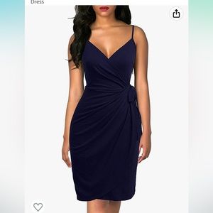 NWT Berydress Cocktail Dress V-Neck Spaghetti Strap Sheath Belted Navy L